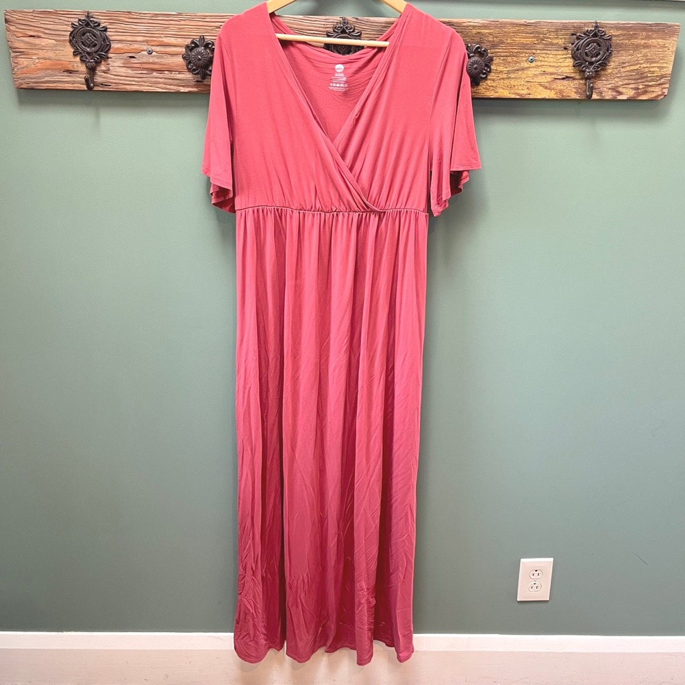 Kindred Bravely Maternity Nursing Maxi Dress Rose Pink Surplice V-Neck Large